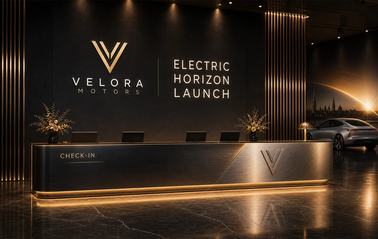 Velora Motors check-in wall
